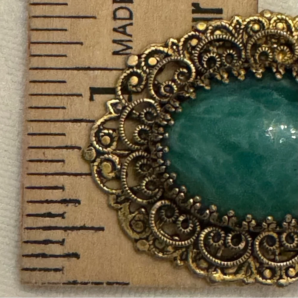 Victorian Goldette Filigree Turquoise Pecking Glass Pendant/Brooch